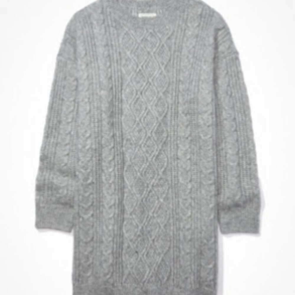 AMERICAN EAGLE - Heather Gray Cable Knit Sweater Mini Dress